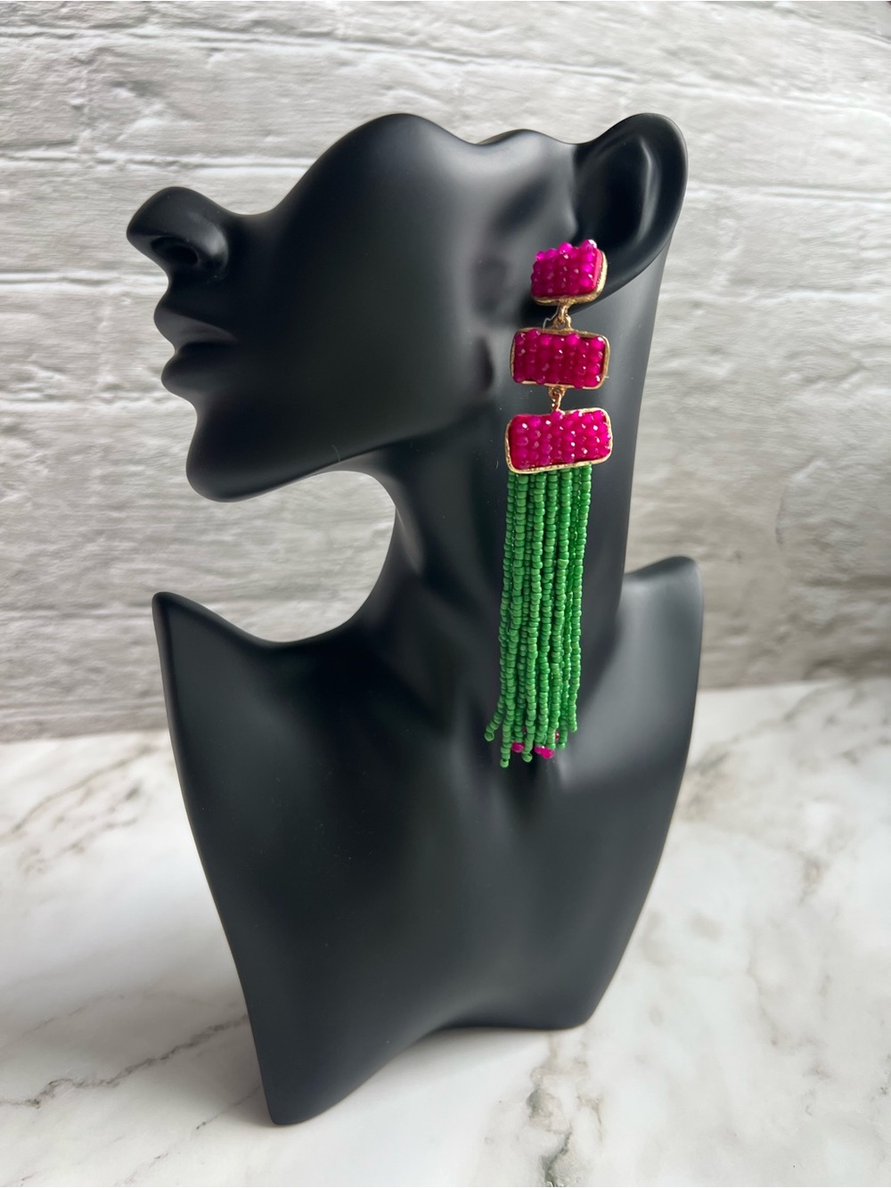 Bold Pink and Green Beaded Tassel Drop Earrings